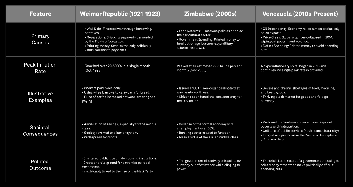 Weimar Zimbabwe Venezuela hyperinflation comparison causes effects consequences