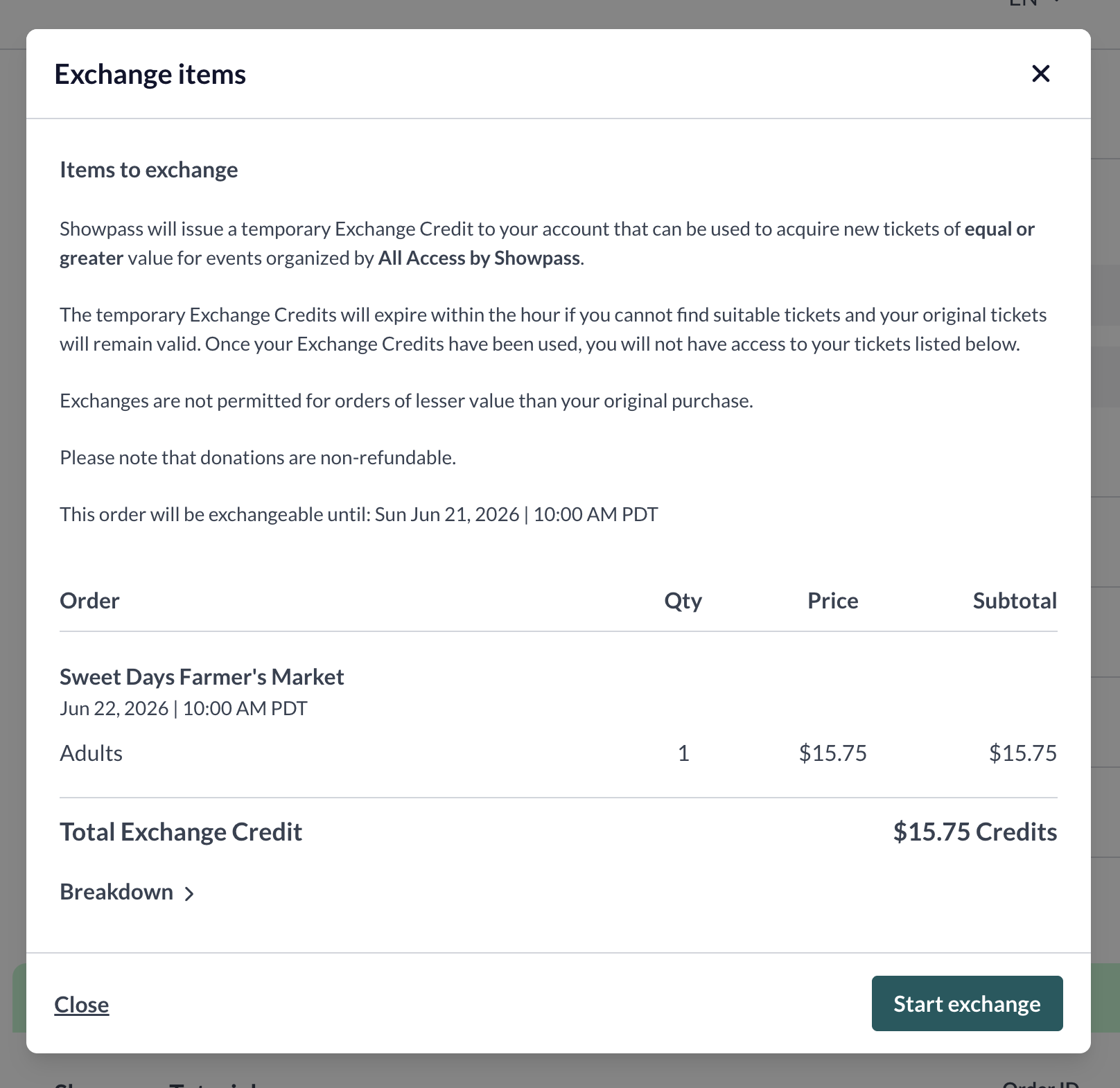 Exchange credit confirmation