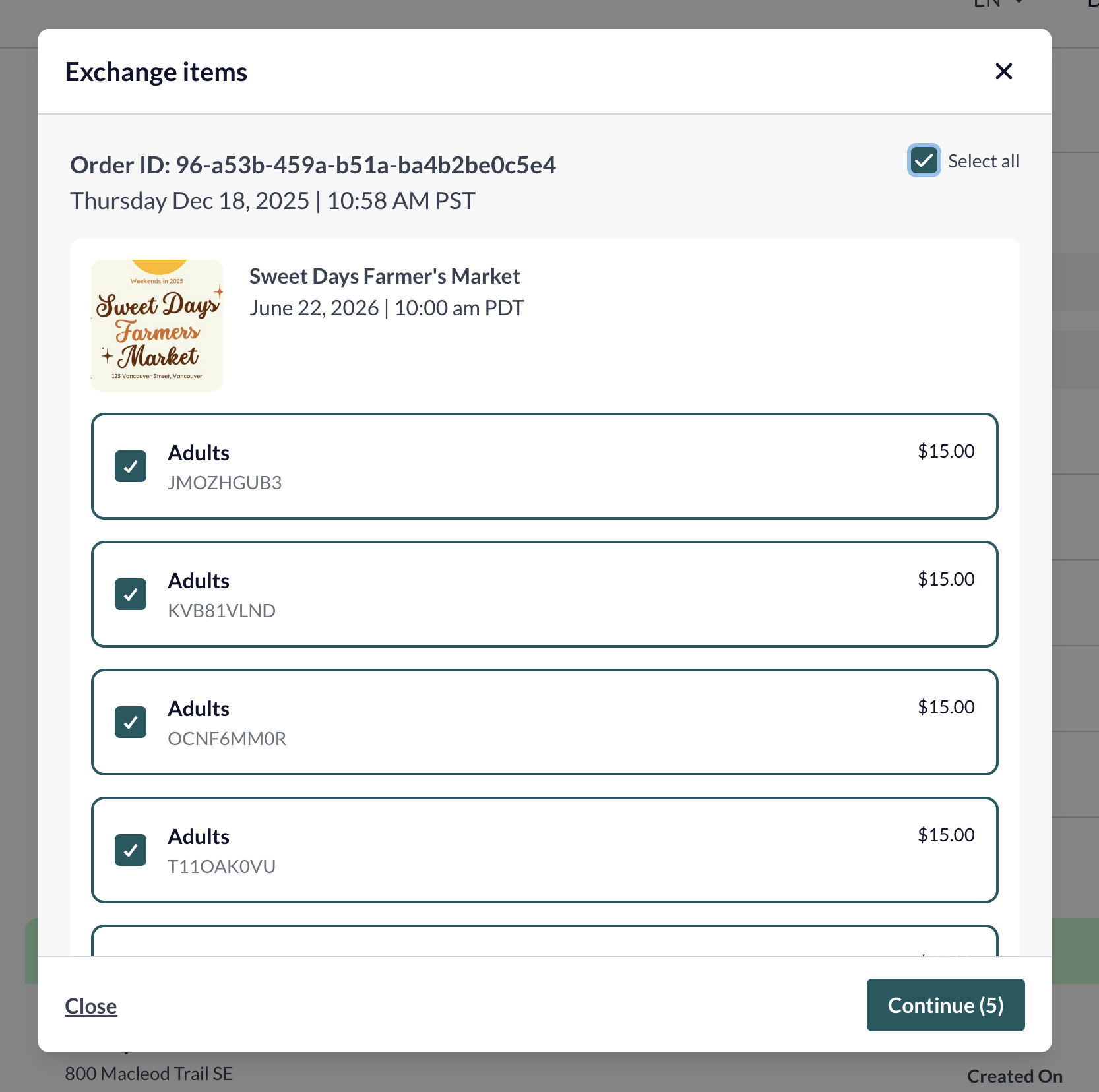 Item selection modal