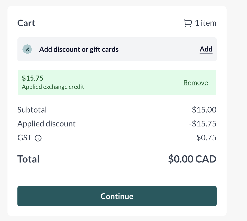Cart with applied exchange credit