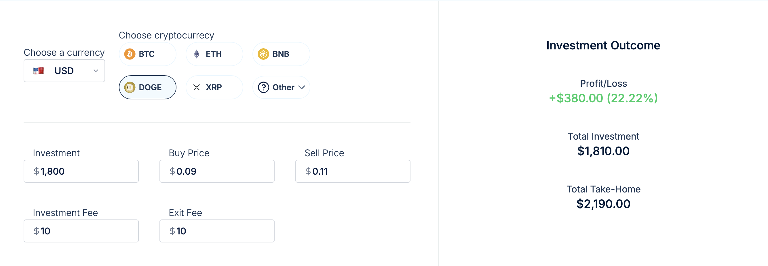 Crypto profit calculator interface for entering buy price, sell price, investment amount, and trading fees