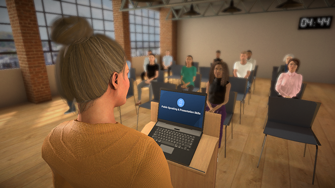 Image showing the avatar at a podium with a laptop, presenting to an audience in the public speaking module. Text on laptop screen reads, "Public Speaking & Presentation Skills". 