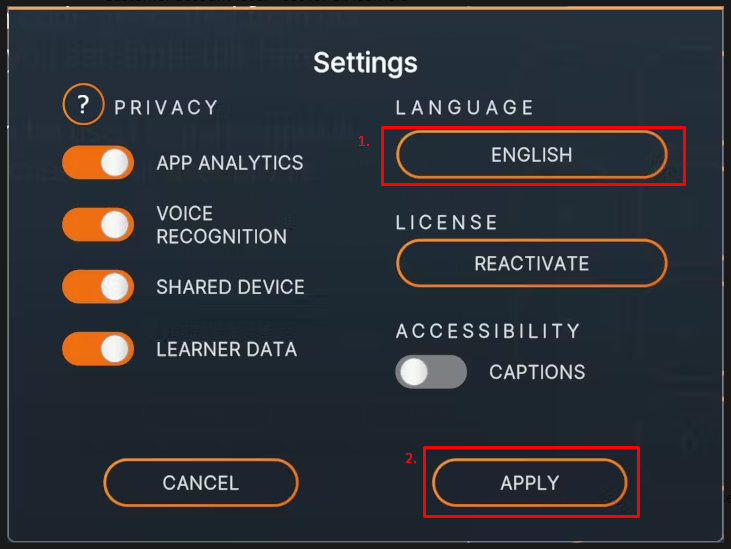 Screenshot of the settings menu showing privacy, language, license, and accessibility options, with the "Language" and "Apply" buttons highlighted.