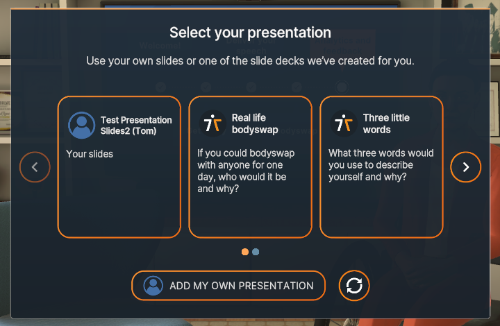 Screenshot shows the presentation options within the Bodyswaps module after you've uploaded your presentation slides