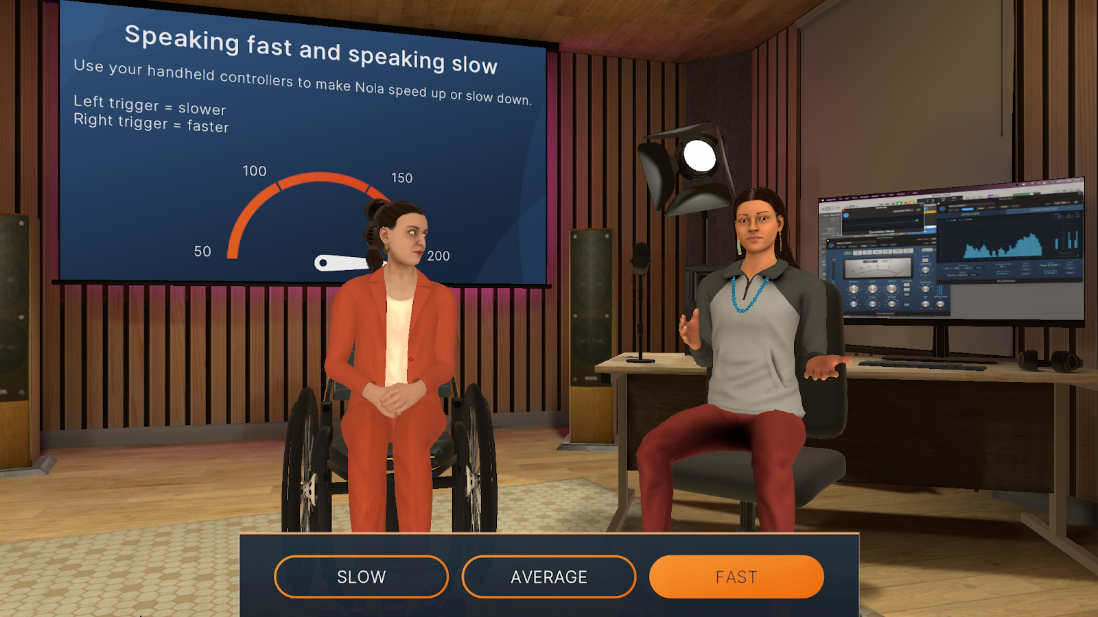In-app capture of two avatars in a studio setting with a large screen displaying instructions for a verbal pacing activity. One avatar is in a wheelchair, and the other is gesturing. The screen includes a visual indicator for speech speed, with options for selecting slow, average, and fast speaking speeds.