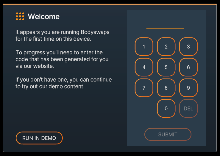 Bodyswaps welcome screen: the left side displays a welcome message with a button to run in demo, and the right side shows a numerical keypad with digits 1-9, 0, and a delete option, along with a submit button.