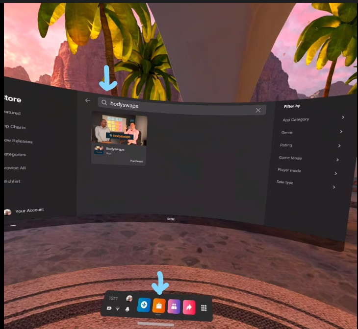 Quest VR interface showing Bodyswaps app in the search results within the App Store