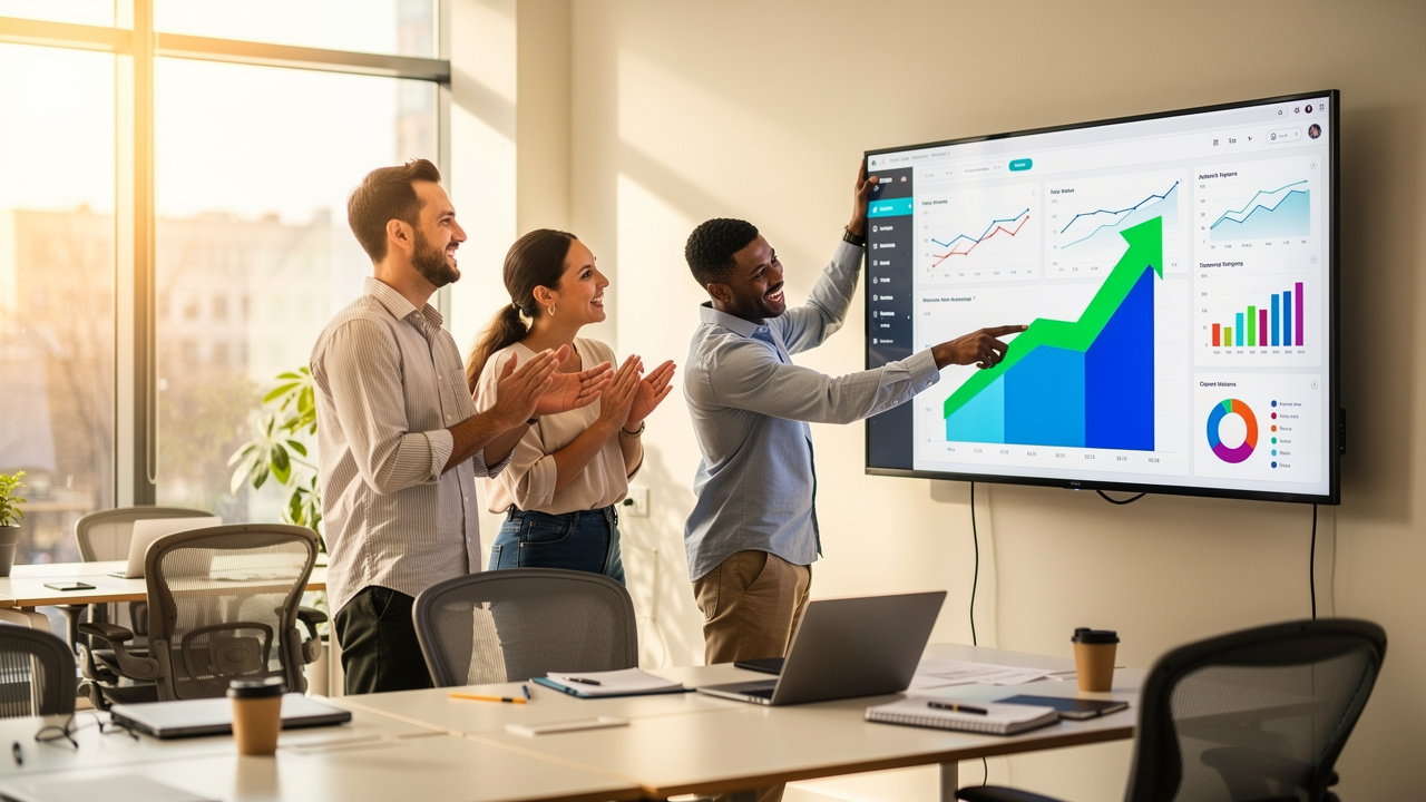 Product team reviewing positive usability test results on dashboard