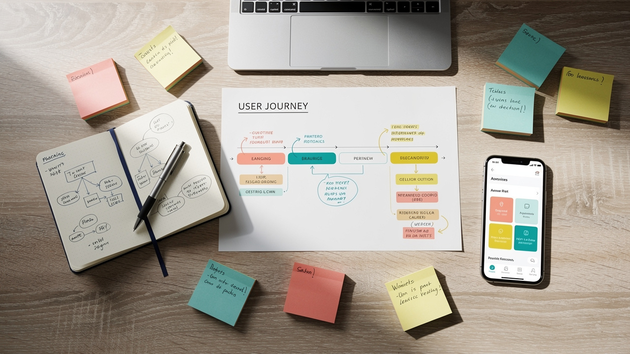 UX research planning materials spread across a desk workspace