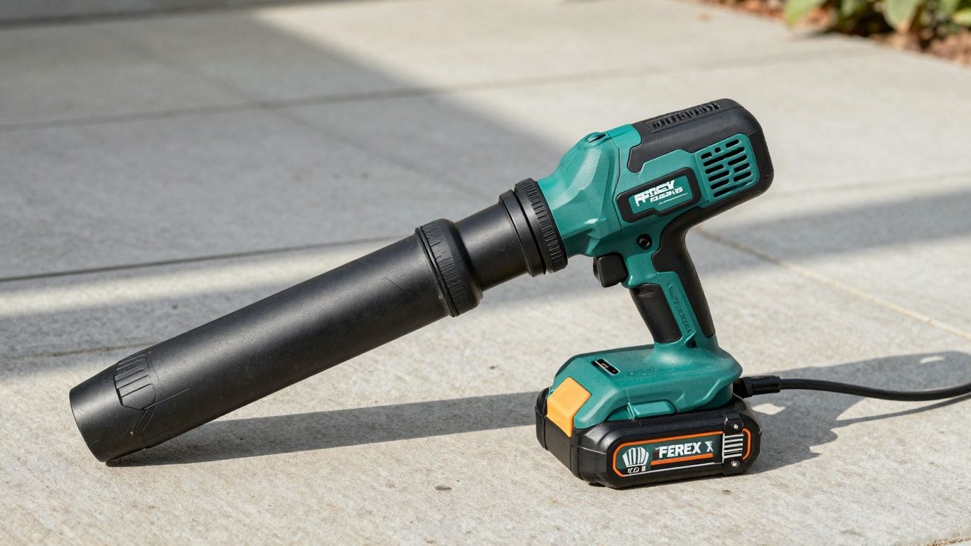 Ferrex cordless leaf blower with battery and charger.