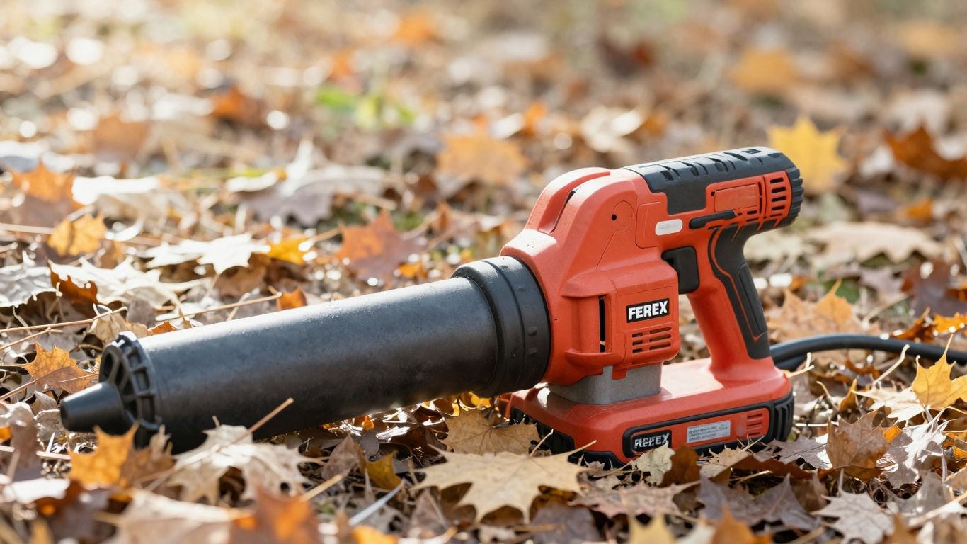 Ferrex cordless leaf blower among autumn leaves.
