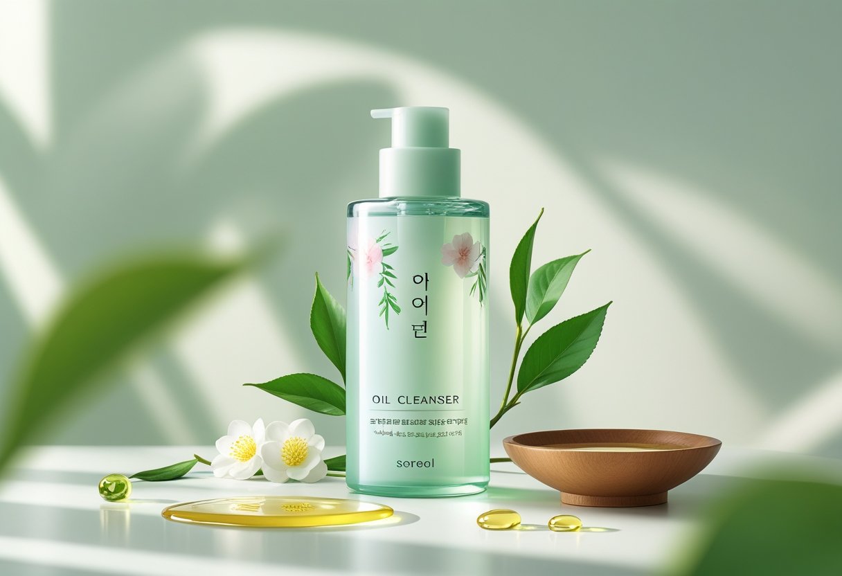 A bottle of Korean oil cleanser surrounded by green tea leaves and a small dish with clear oil on a clean surface.