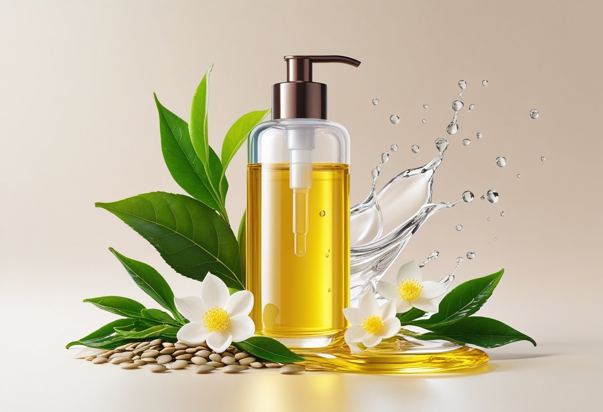 A glass bottle of golden oil cleanser surrounded by green tea leaves, camellia flowers, and jojoba seeds on a soft neutral background.