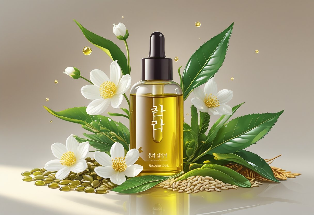 A bottle of oil cleanser surrounded by camellia flowers, green tea leaves, jojoba seeds, and rice bran on a neutral background.