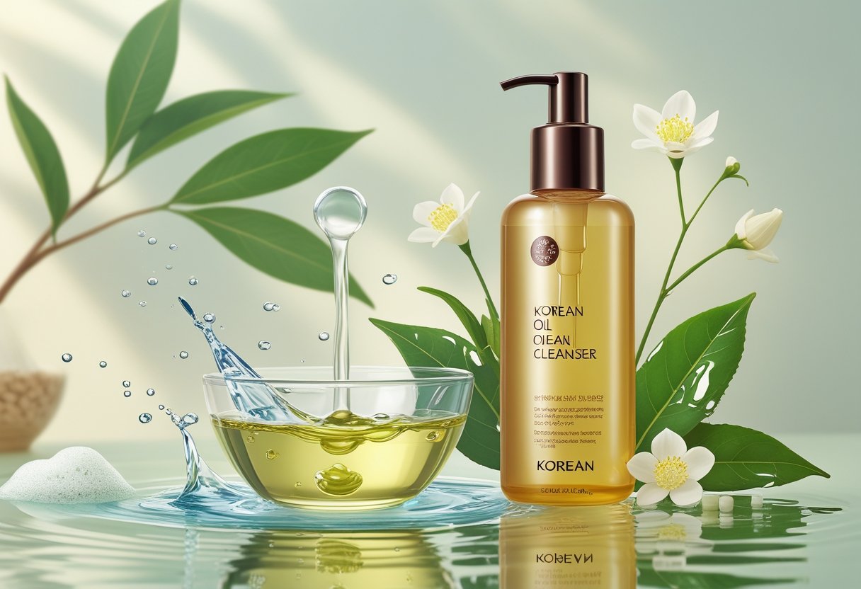 A bottle of Korean oil cleanser on a bathroom vanity surrounded by natural ingredients and water droplets, illustrating skincare benefits.