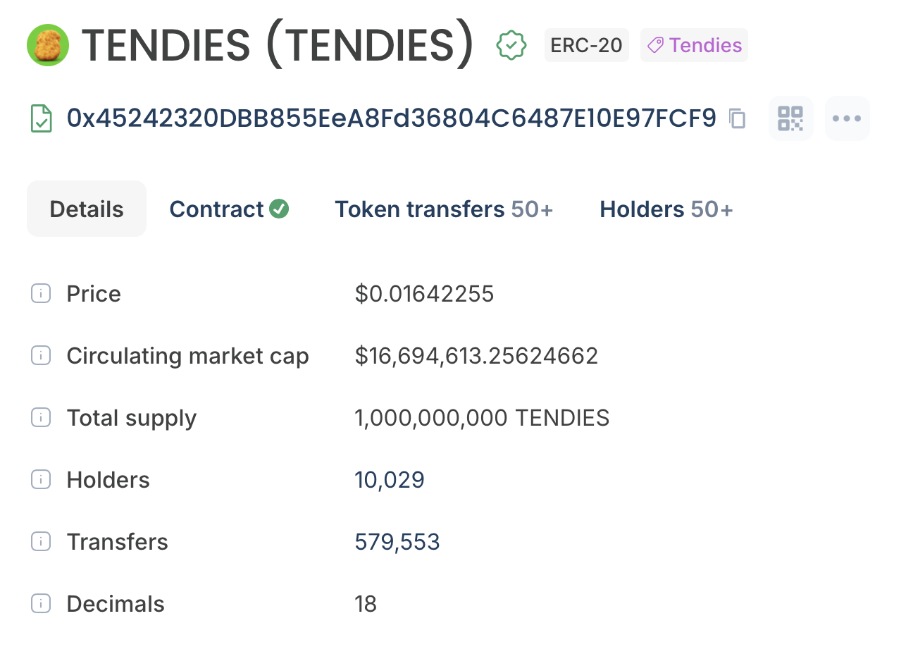 Official TENDIES token contract information on Robinhood Chain Blockscout