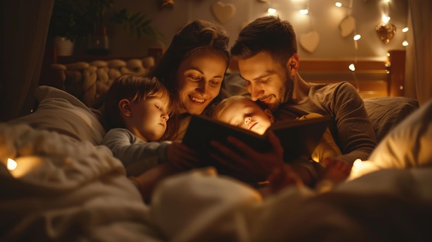 Parent reading a bedtime story to a child in a cozy bedroom