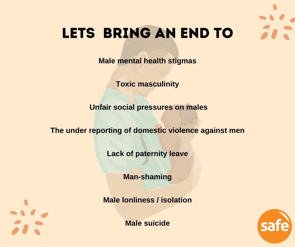 Let's bring an end to

Male mental health stigmas

Toxic masculinity

Unfair social pressures on males

The under reporting of domestic violence against men

Lack of paternity leave

Man-shaming

Male loneliness/isolation

Male suicide