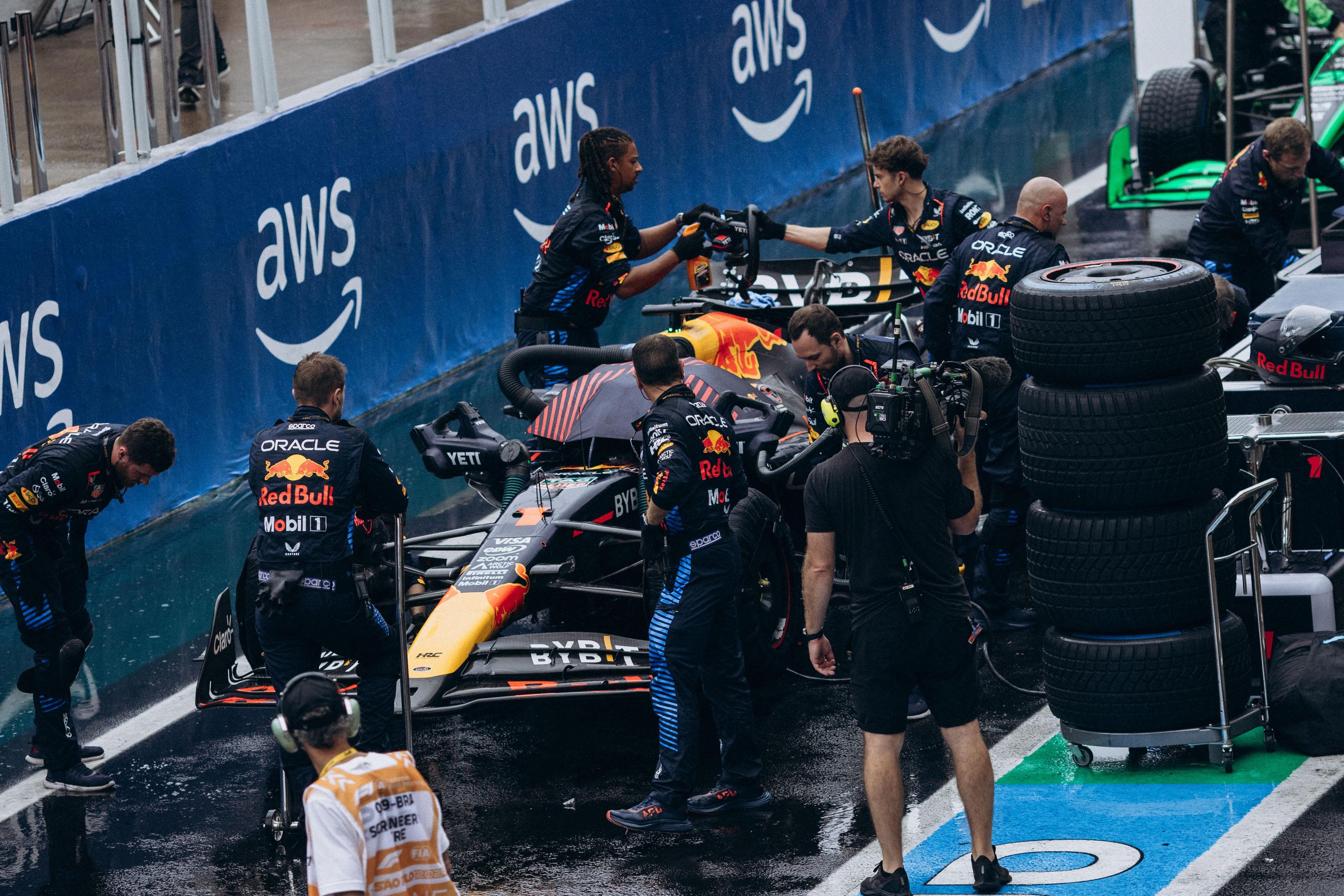 Red Bull Racing Formula 1 mechanics working on a Red Bull Formula 1 car