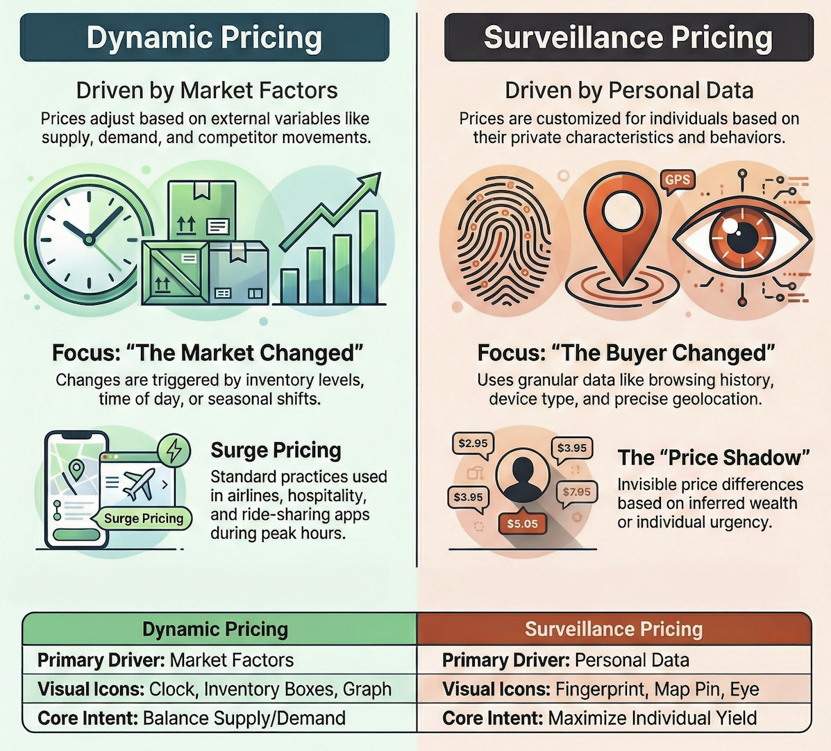 The Pricing Split: Dynamic vs. Surveillance Models