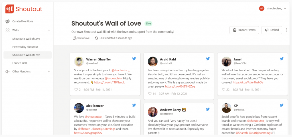 Shoutout permite desplegar en nuestra landing page los comentarios y referencias de nuestros clientes en las redes sociales: twitter.