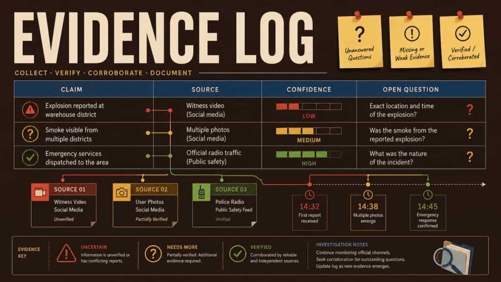 Editorial illustration of an OSINT evidence log connecting claim components, sources, confidence levels and open questions