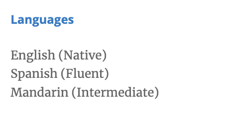 An example of how to show bilingualism on your resume in a dedicated ‘Languages’ section