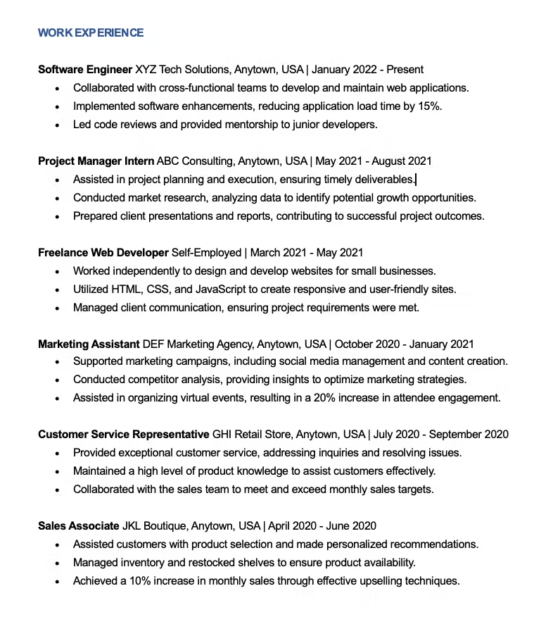 A bad resume example showcasing too many short-term jobs.