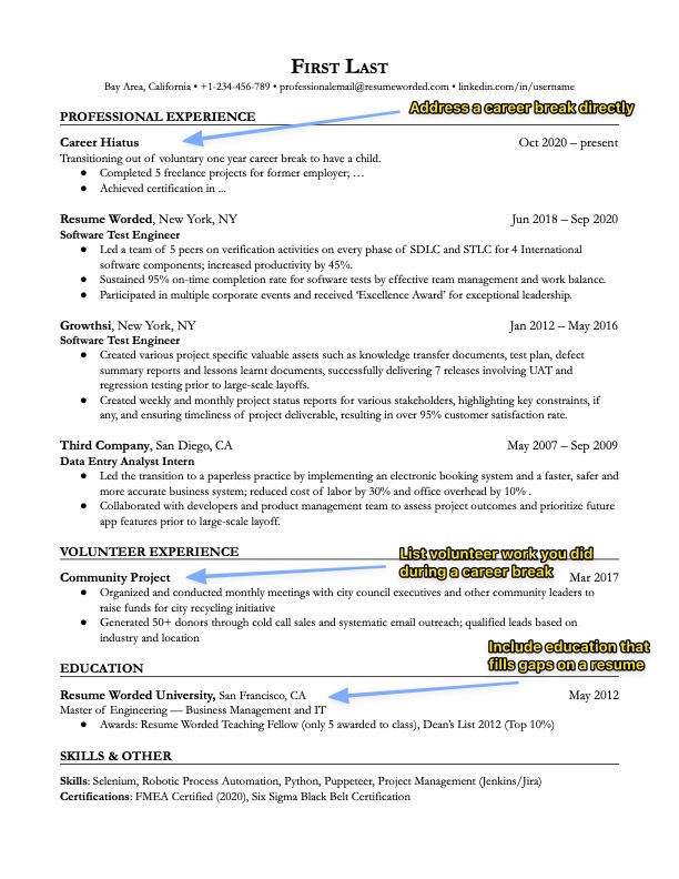 Sample resume with career break clearly explained