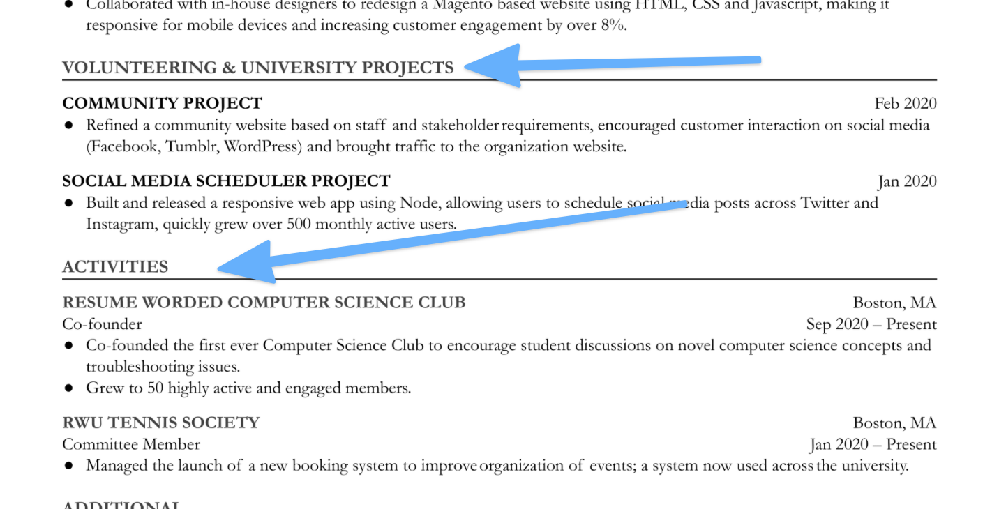 This student’s resume showcases their volunteering and university projects — and their extracurricular activities — in separate sections