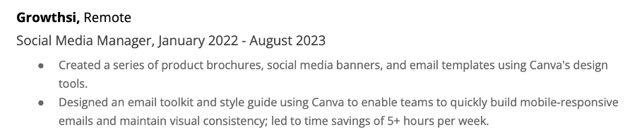 Example of how to describe Canva skills in the Work Experience section of your resume