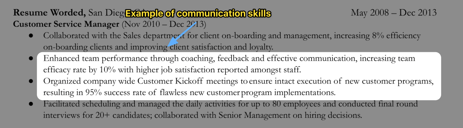 An example from a resume on how to show communication skills; discuss what you did to communicate effectively and the positive impact it had.