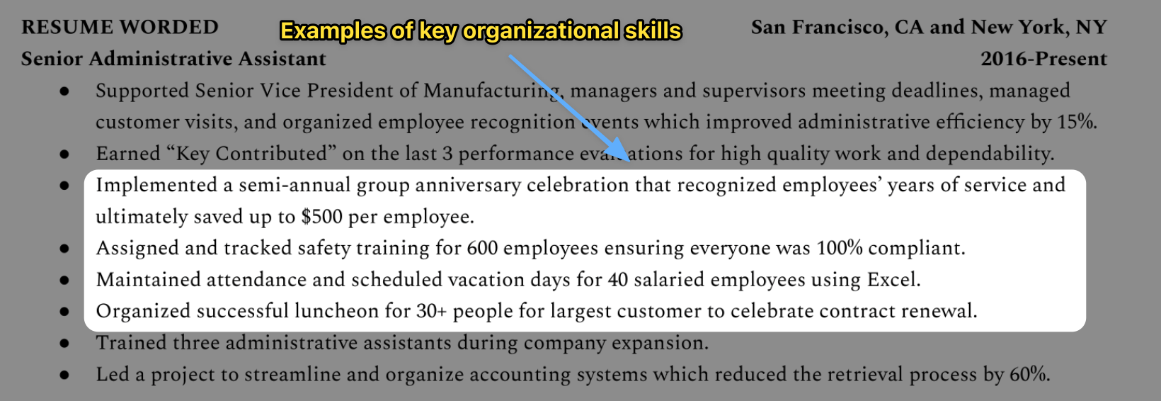 An example of how to show organizational skills on a resume; discuss events or personnel you oprganized and the metrics for achieving success.