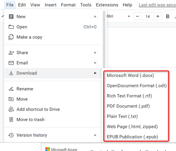 Top of window reads File Edit Insert Format Tools Extension Help. File is highlighted. Drop down menu below file read New Open Make a Copy Share Email Download Rename Move Add Shortcut to Drive Move to Trash Version History. Download is highlighted and pop out menu reads .docx, ODF, .rtf, .pdf, .txt, .html, zipped,.epub. 