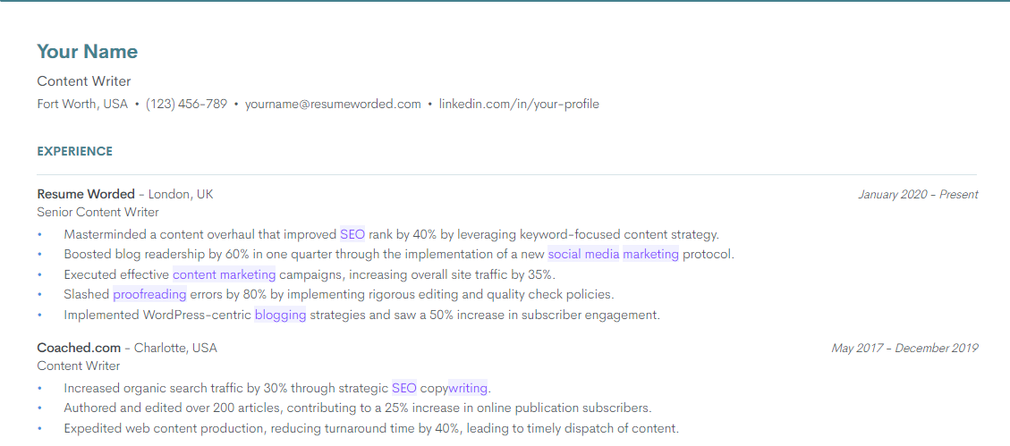 An example of a resume demonstrating writing skills in the bullet points of the Work Experience section