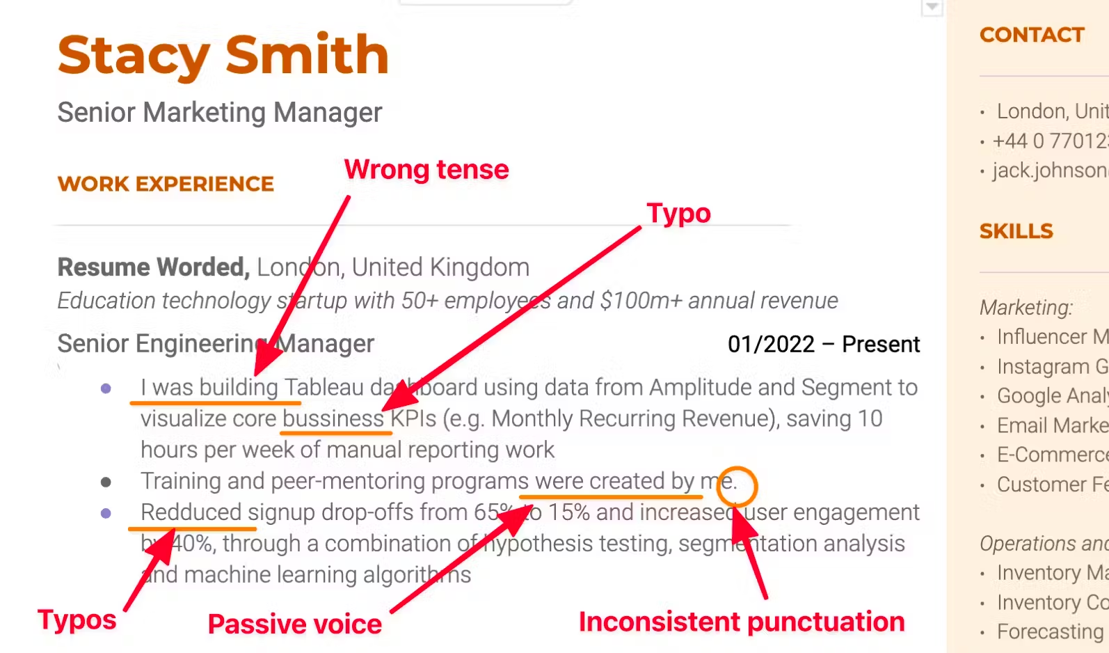 A bad resume example showcasing common spelling and grammar mistakes.