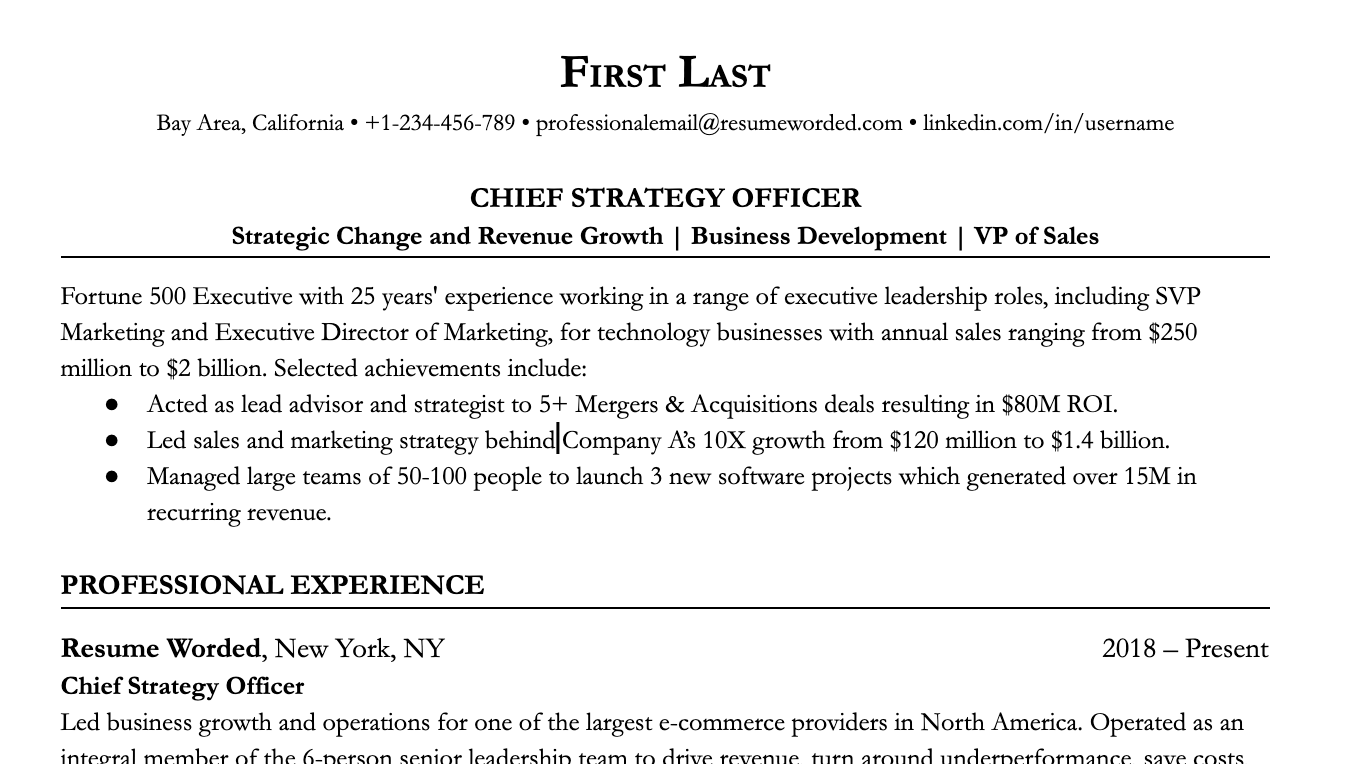 An example of an About Me section in an executive resume