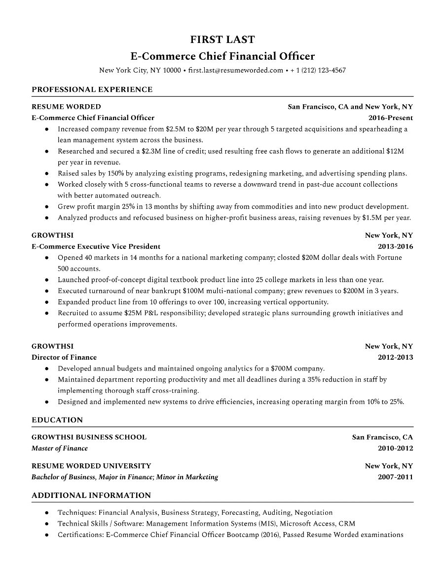 Example of an executive resume highlighting P&L responsibility