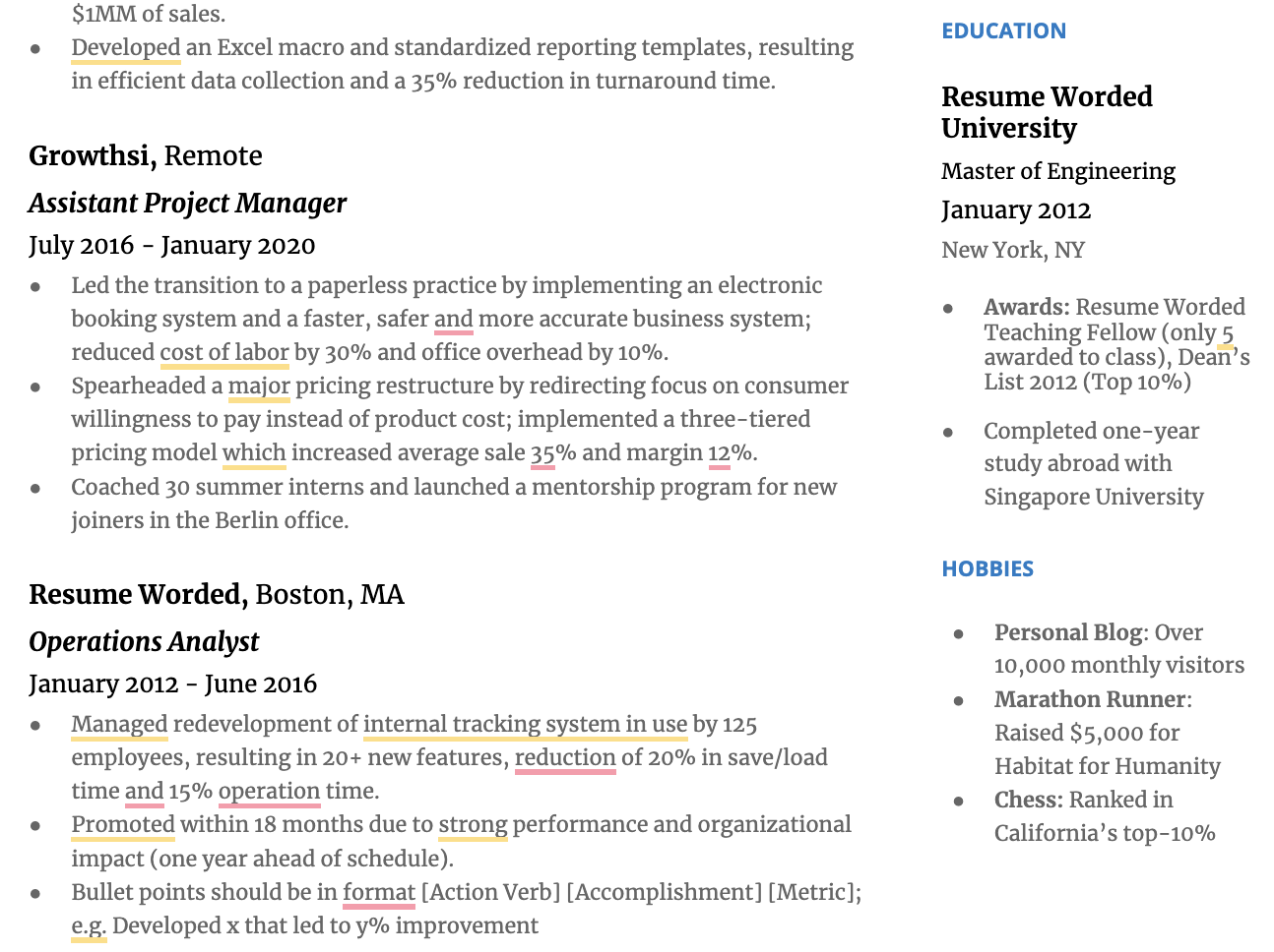 An example of a resume with a dedicated Hobbies section, demonstrating leadership and accomplishment with each hobby