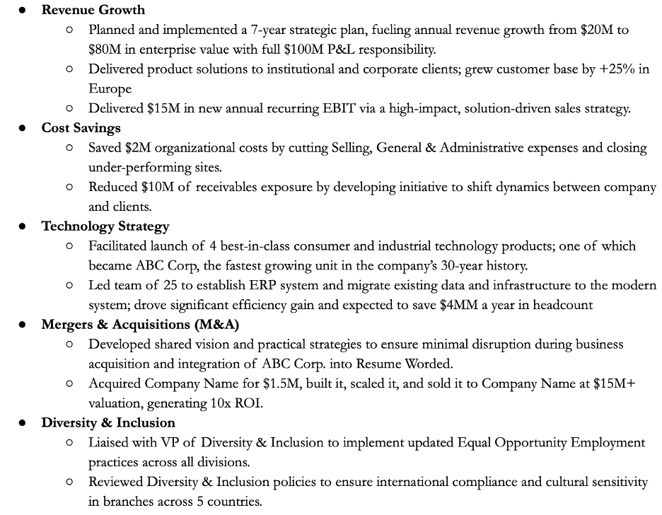 Example of splitting 2-page resume bullet points into core competencies