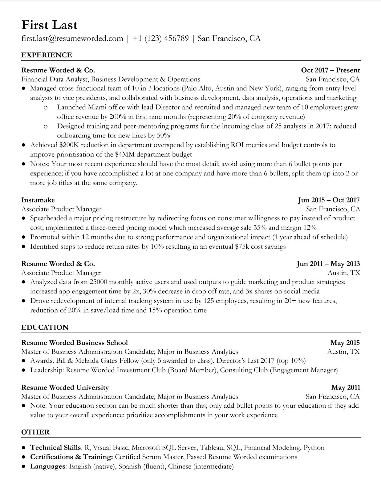Example of a professional resume template showing right-aligned dates.