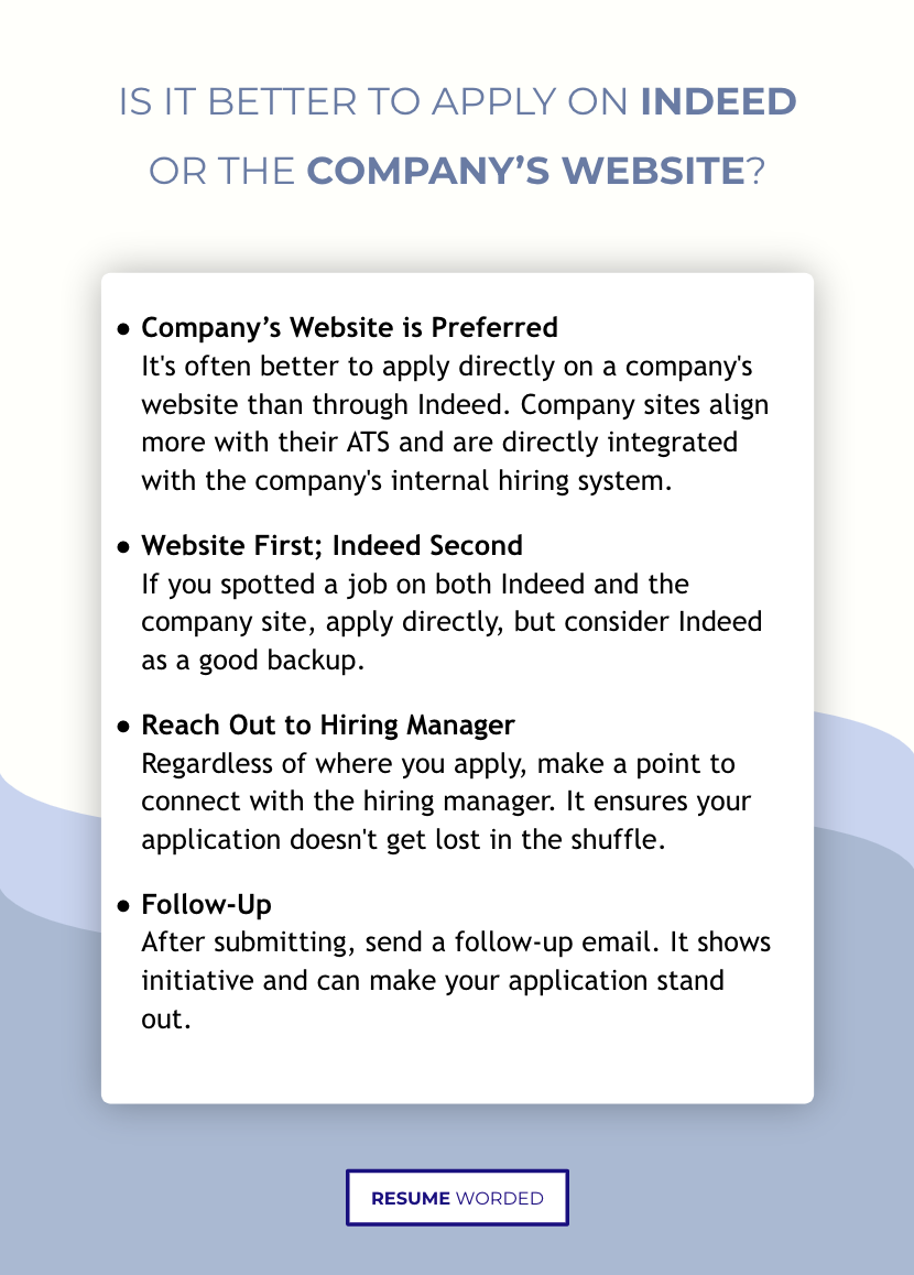 a quick reference guide exploring whether it is better to apply on Indeed or through the company website