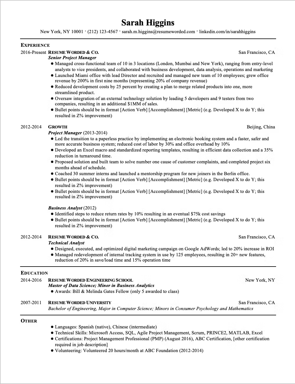 Example of a one-page resume for an applicant with extensive previous experience