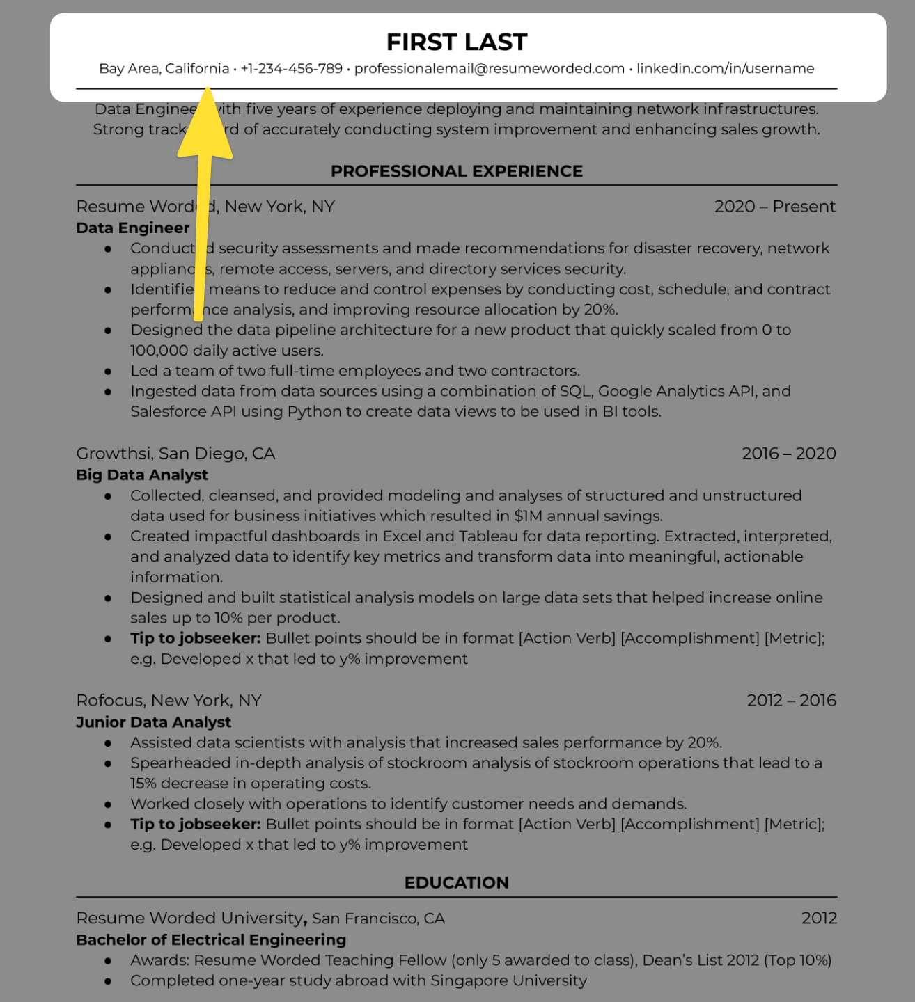 Sample resume showing where to add your address on a resume (top header).