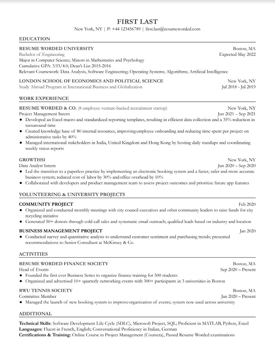 An example of a student resume with multiple sections for extracurricular activities