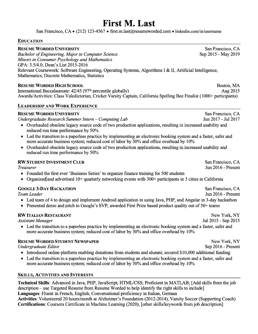 Example of an entry-level resume listing volunteer work and activities to make up for a lack of paid experience
