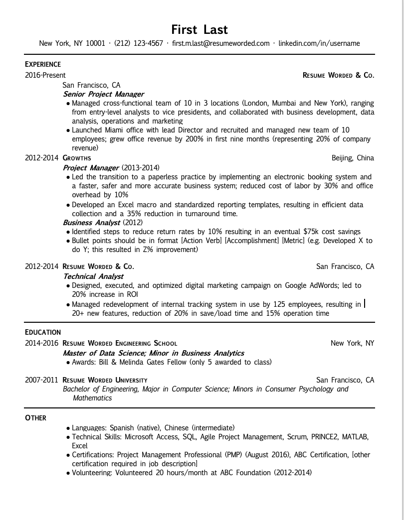 Example of a resume using a larger font and 1.0 line spacing