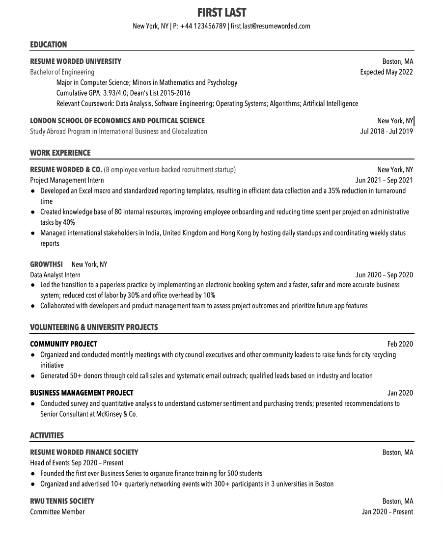 Example of a resume using a dense font and 1.15 line spacing