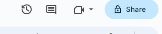 Small image of top right side of Google Drive. History icon, comment icon, meet icon, and then share button highlighted in blue. 