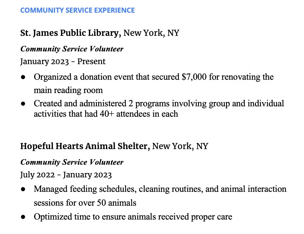 Example of how to include community service on your resume in a dedicated community service section
